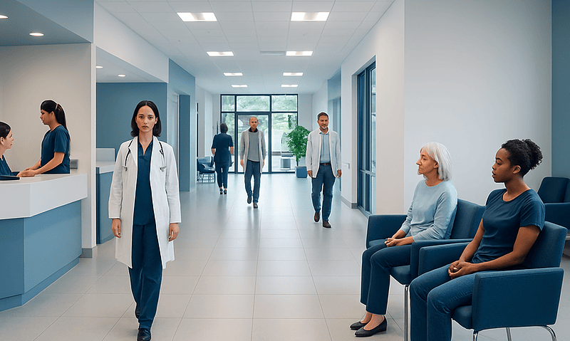 Hospital corridor with medical staff and patients at Acibadem Hospitals Group.