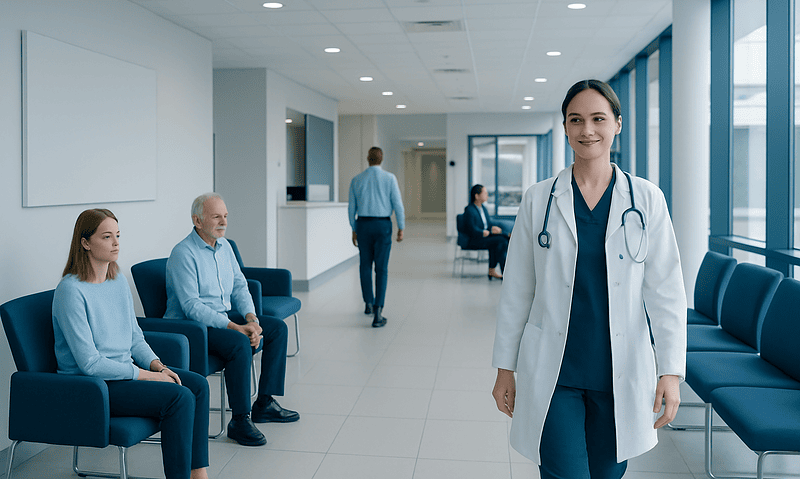 Healthcare professional smiling in hospital corridor with patients seated nearby.