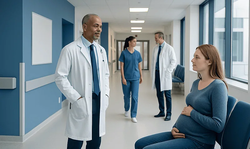 Doctor consulting pregnant woman in hospital corridor with medical staff in background.
