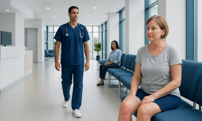 Patient waiting in hospital corridor with nurse nearby.