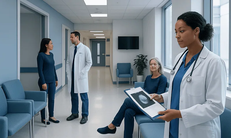 Medical professionals discussing patient care in a hospital corridor.