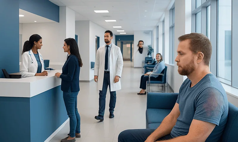 Patients waiting and consulting at Acibadem Hospital reception area.