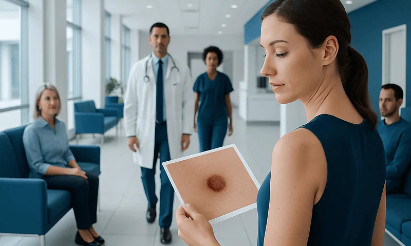 Woman examining a mole in a medical consultation at Acibadem Hospital.