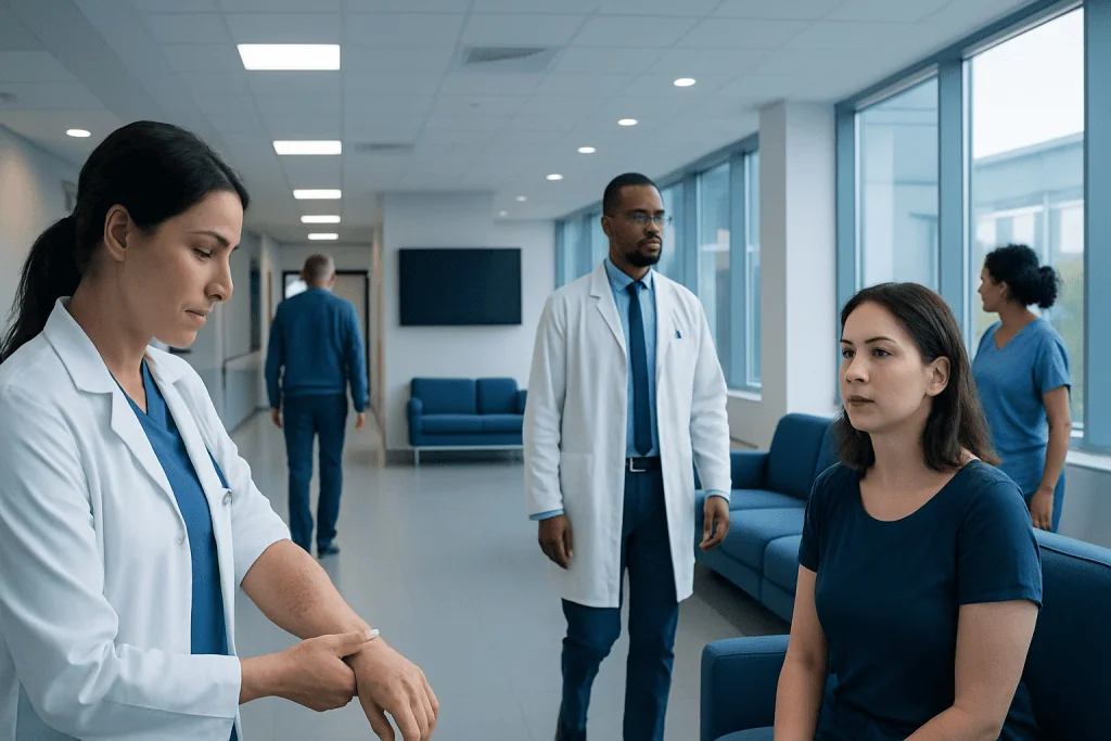 Pictures of Staph Infection: Early Signs, Risk Factors, and How It Is Treated 1 Medical professionals examining a patient in a hospital corridor.