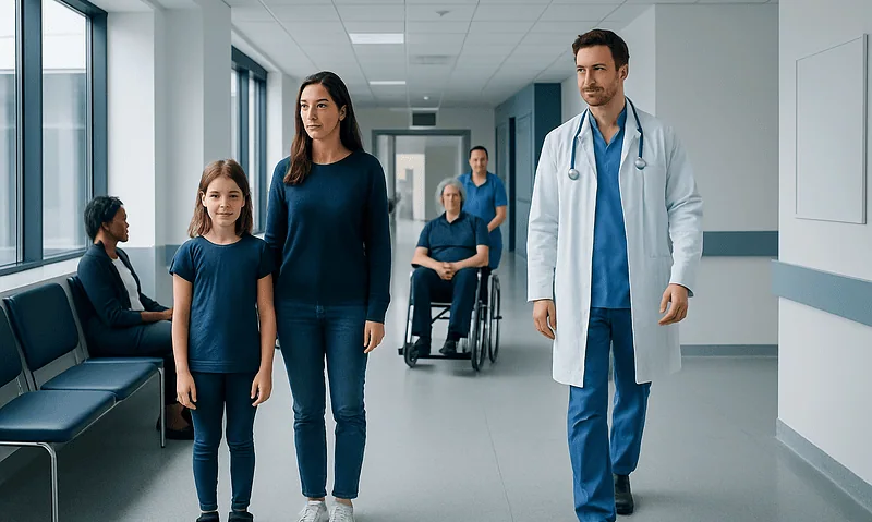 Family walking in hospital corridor with medical staff and patients.