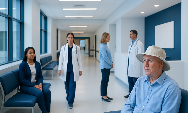 Patients and doctors in a hospital corridor at Acibadem Hospitals Group.