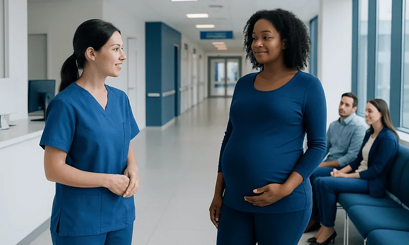 Pregnant woman consulting with healthcare professional in hospital corridor.