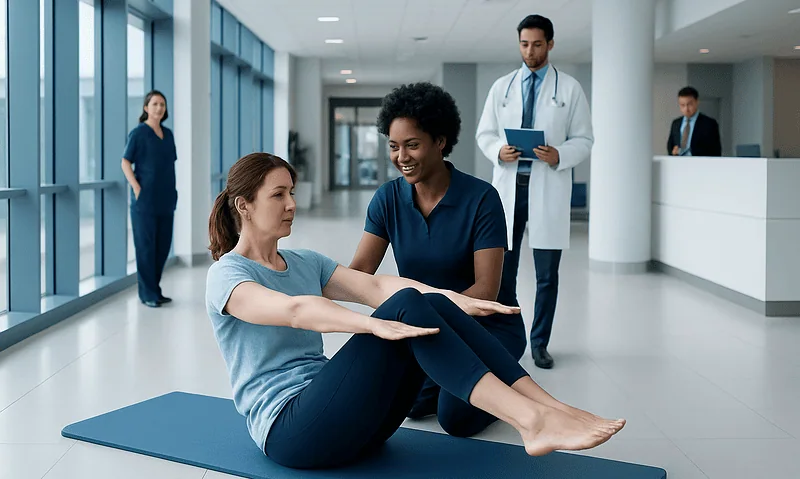 Patient performing physical therapy exercises with healthcare professional in hospital corridor.