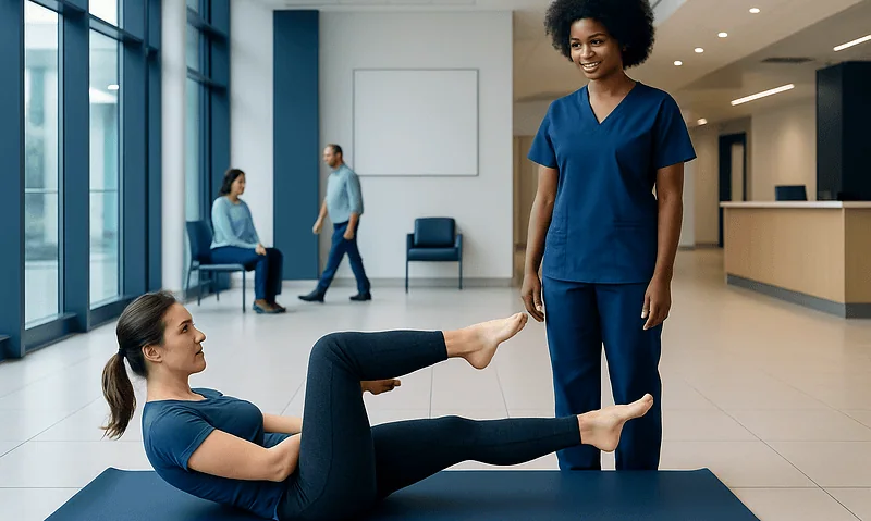 Female physiotherapist assisting a woman with leg exercises in a modern clinic.