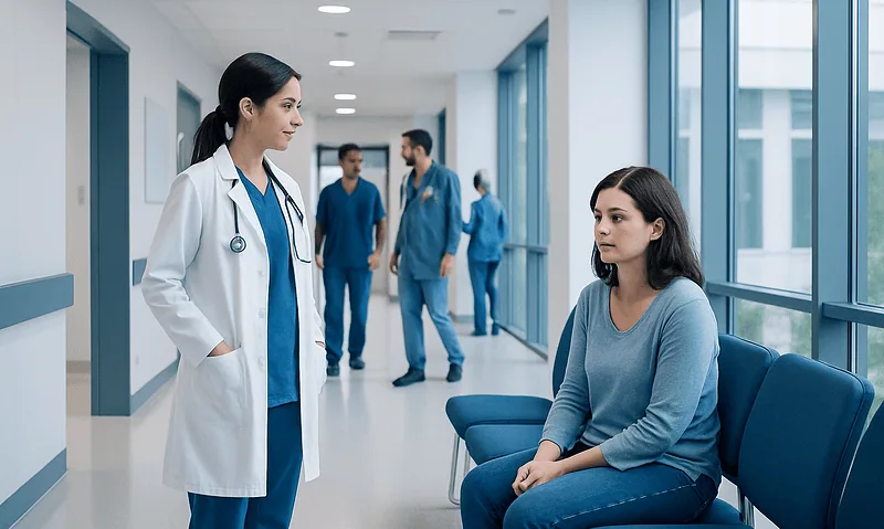 Piles disease in women: Common Causes, Warning Signs, and When to Worry 7 Doctor consulting a patient in a hospital corridor with other staff in background.