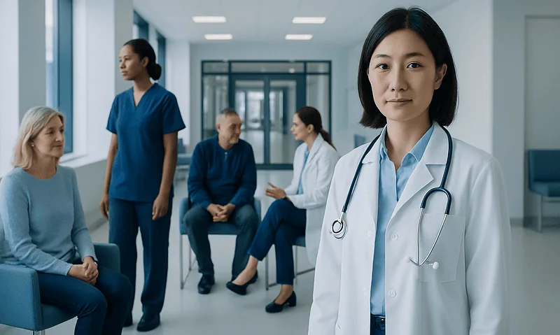 Medical team consulting patients in a modern hospital corridor.