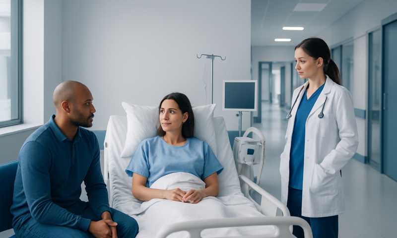 Doctor consulting with patient and companion in hospital room.