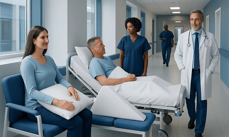 Hospital room with patient, visitors, and doctor discussing care.