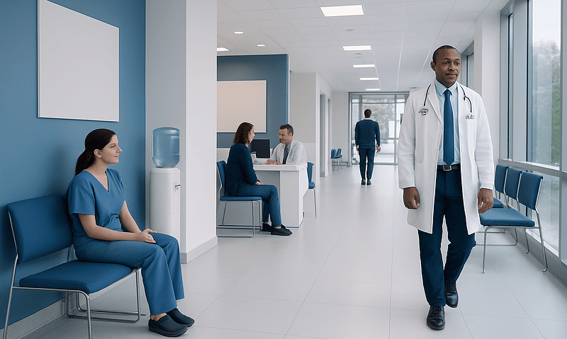 Modern hospital corridor with medical staff and patients.