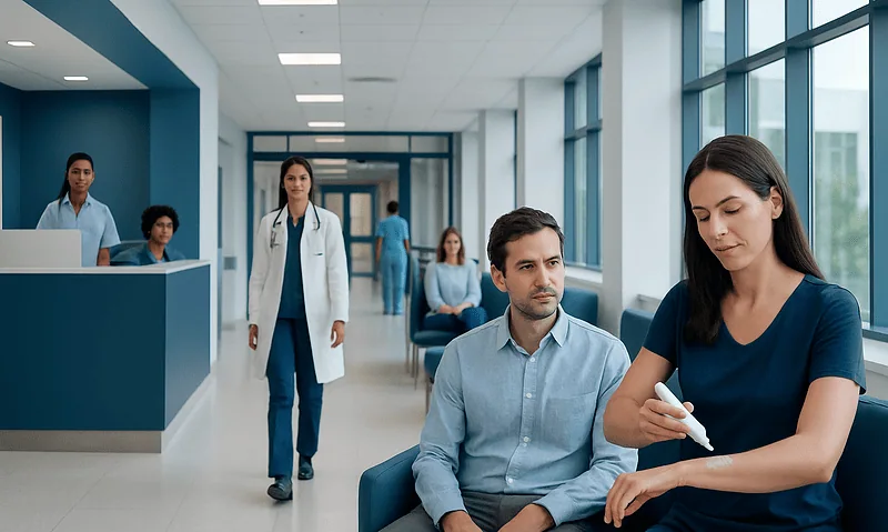 Healthcare professionals in a modern hospital waiting area.