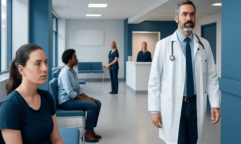 Doctor in white coat with patients in hospital waiting area.