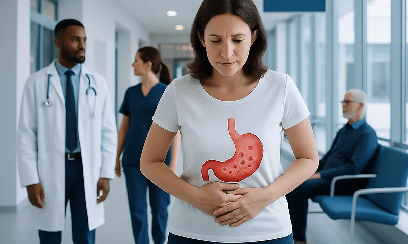 Young woman with stomach pain holding her abdomen in a hospital corridor.