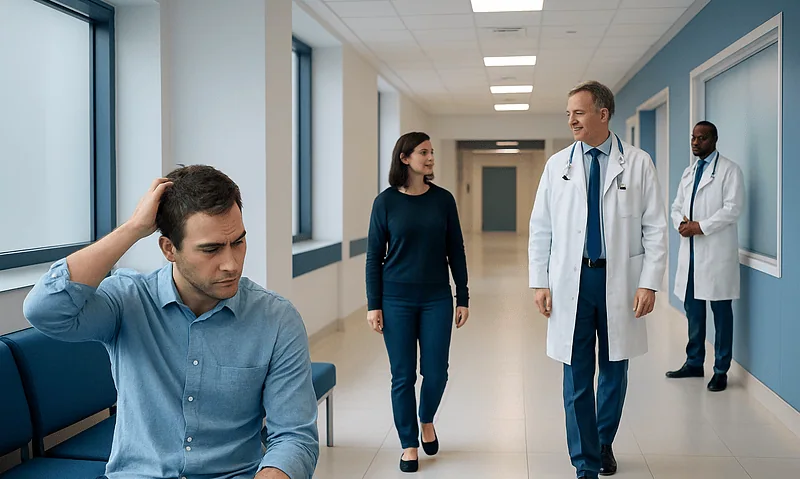 Patient experiencing scalp issues consulting with doctors in hospital corridor.