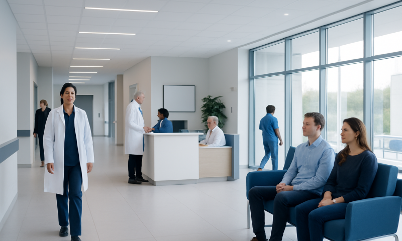 Modern hospital waiting area with patients and medical staff.