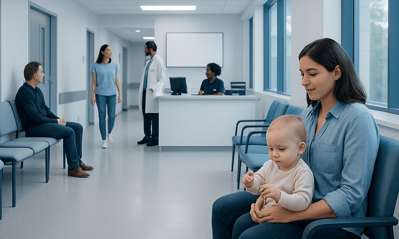 Mother and child in a hospital waiting area with medical staff in the background.