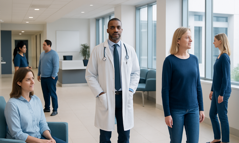 Diverse group of patients and doctor in hospital waiting area.