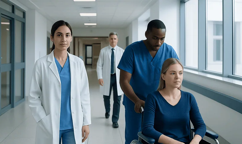Medical team in hospital corridor with a patient in wheelchair.