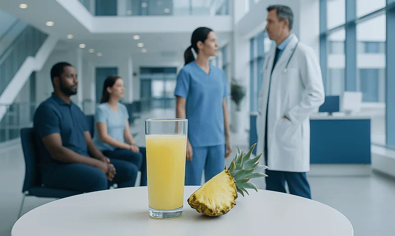 Medical professionals discuss pineapple juice health benefits in hospital setting.