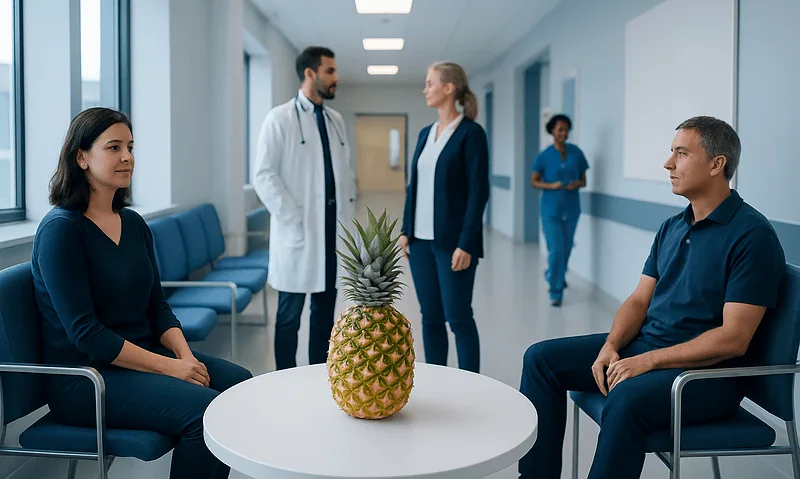 Patients in a hospital waiting area with a pineapple on the table.