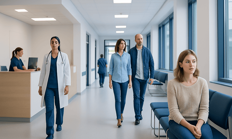 Hospital corridor with medical staff and patients in a modern healthcare facility.