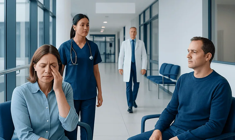 Pink Eye Symptoms: Common Causes, Related Conditions, and When to See a Doctor 6 Patient experiencing eye discomfort in a hospital corridor with medical staff nearby.