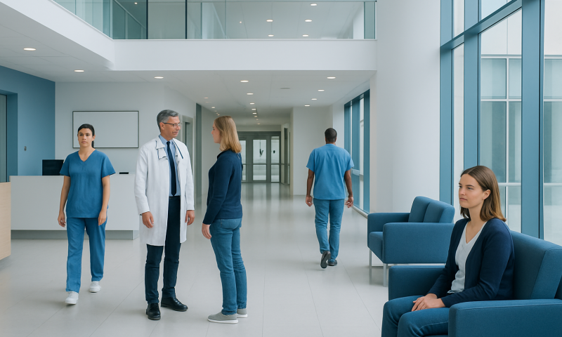 Modern hospital corridor with medical staff and patient seating area.
