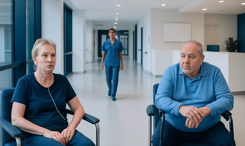 Patient and visitor in hospital corridor with medical staff in background.