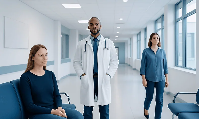 Medical professionals in a hospital corridor with patients waiting.