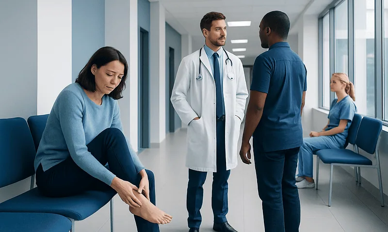 Doctor consulting with patient in hospital corridor with waiting patients.