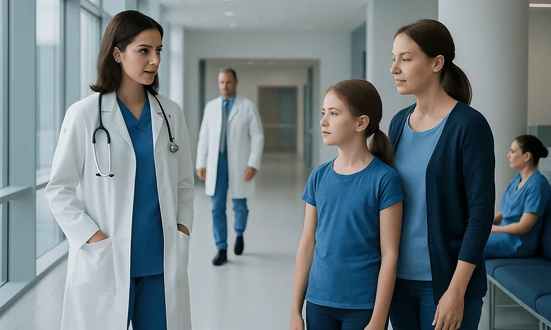 Doctor talking to young girl and mother in hospital corridor.