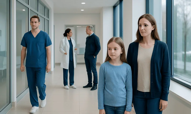 Patients and healthcare professionals in a hospital corridor at Acibadem Hospitals Group.