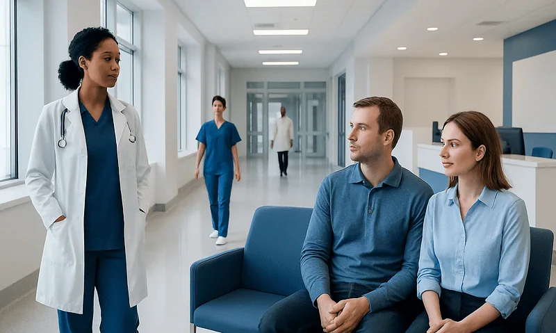 Medical consultation in a modern hospital corridor with doctor and patients.