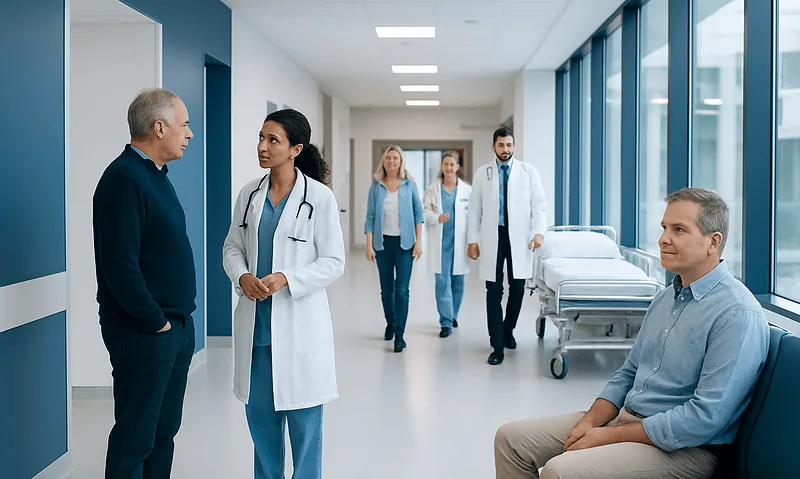 Medical team consulting patient in hospital corridor with staff in background.