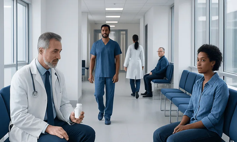 Medical professionals and patients in a hospital corridor.