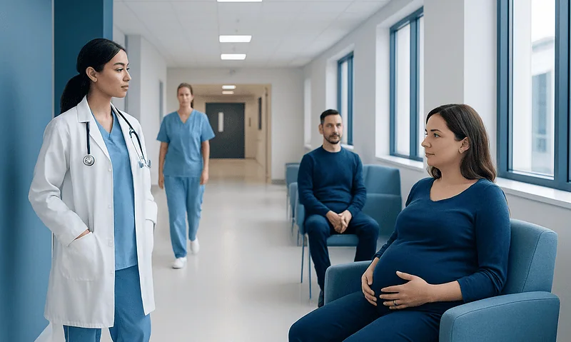 Pregnant woman in hospital waiting area with medical staff and visitors.