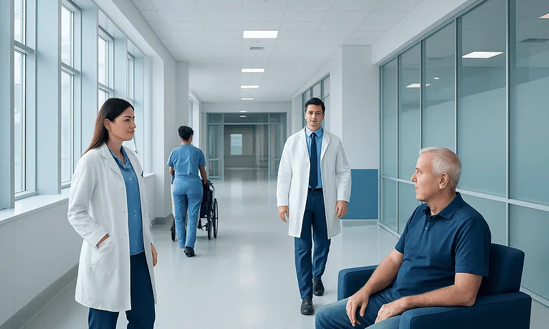 Medical team consulting with patient in hospital corridor.