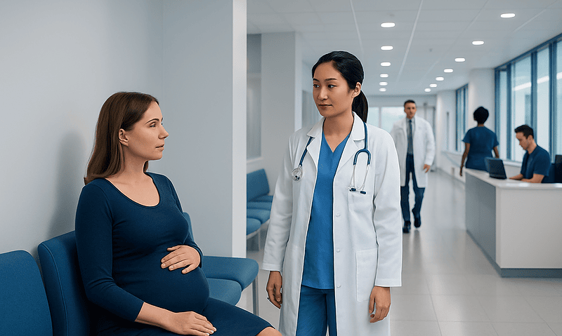 Pregnant woman consulting with a doctor in a hospital corridor.
