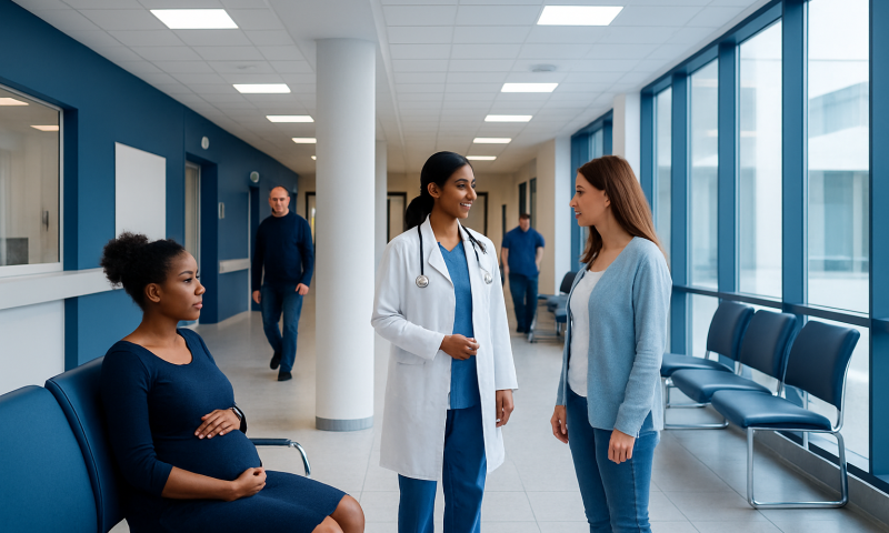 Healthcare professionals consulting with a pregnant woman in a hospital corridor.