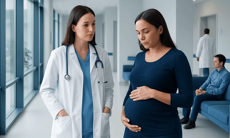 Pregnant woman consulting with a doctor in a hospital corridor.