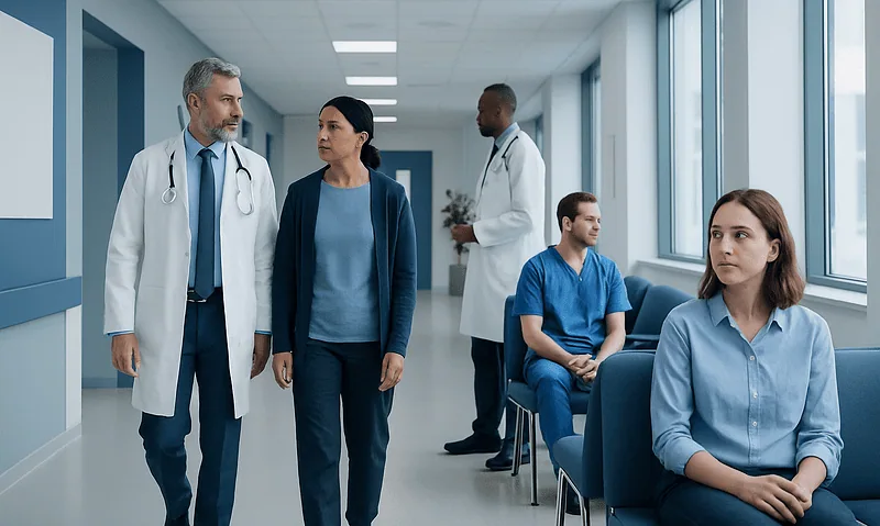 Medical team consulting with patient in hospital corridor.