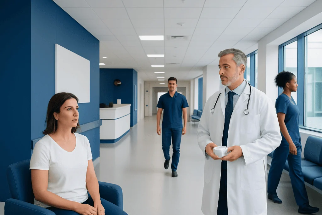 Plain Greek Yogurt: What Patients Need to Know 1 Doctor consulting patient in hospital corridor with medical staff in background.