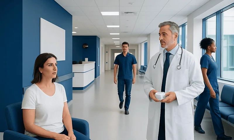 Doctor consulting patient in hospital corridor with medical staff in background.