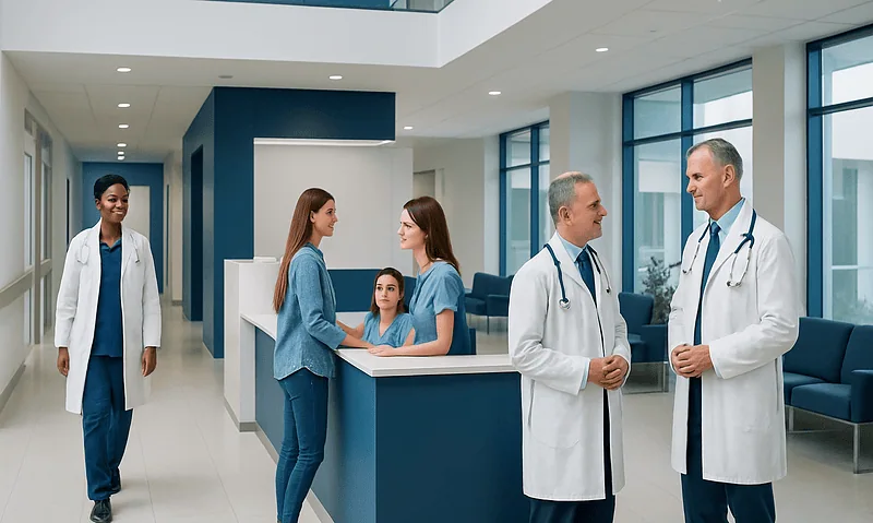 Medical professionals and patients in a modern hospital lobby.