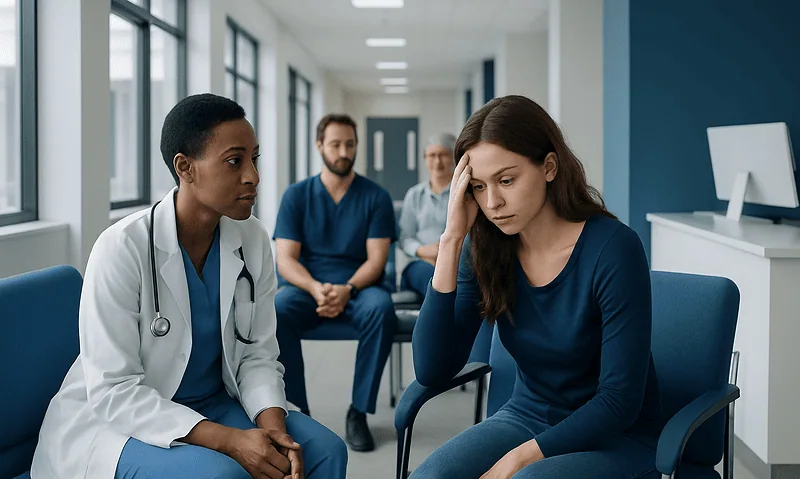 Doctor consulting with a young woman patient in a hospital corridor.
