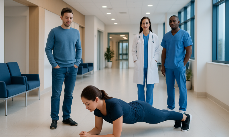 Woman performing plank exercise in hospital corridor with medical staff observing.